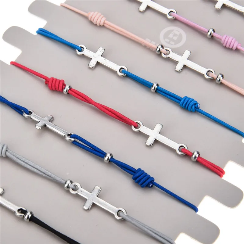 12Pcs/lot Silver Color Cross Charms Elastic Rope Bracelet Set for Women Child Adjustable Rope Wristband Bracelet Jewelry Gifts image 2