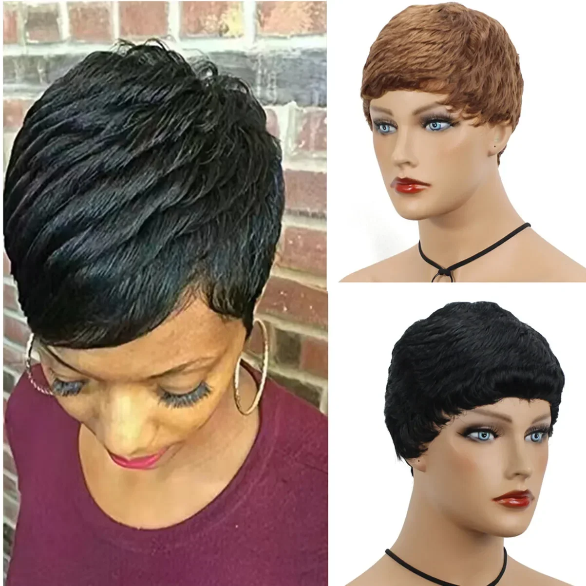 Kadınlar için çok Kısa Kıvırcık Saç Parmak Düz Saç Stili Peruk Siyah/Sarışın Peruk Sentetik Saç