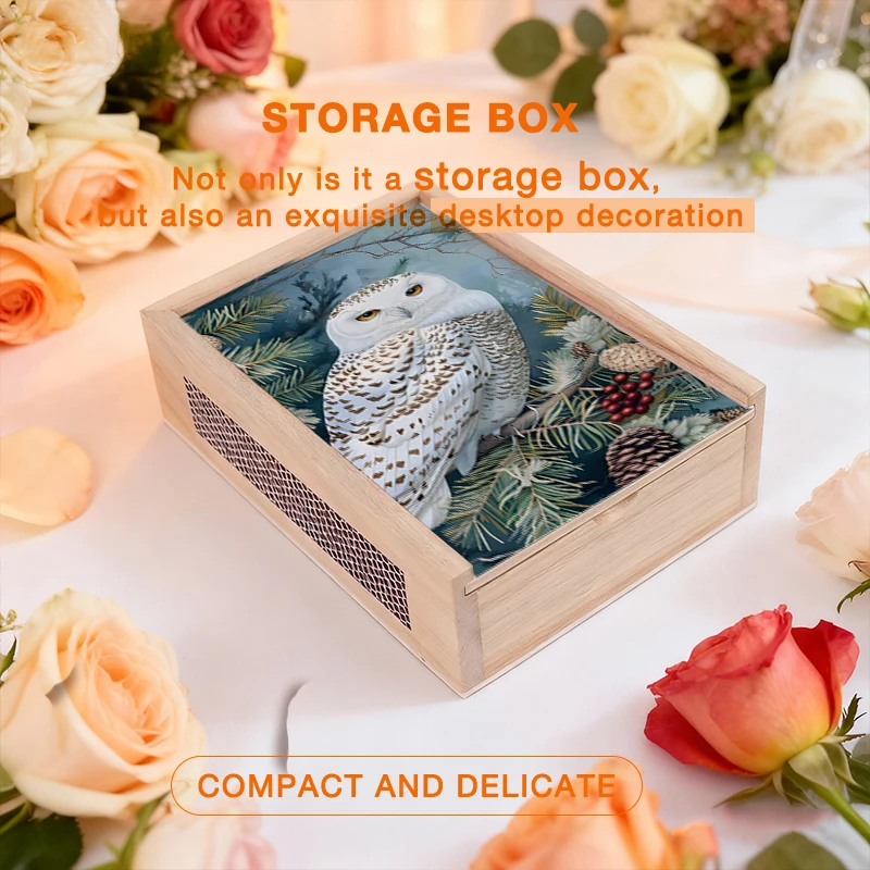 Snowy Owl 2D Printed Wooden Multi purpose Box, Holiday Gift Edition for Jewelry, Cards or Tarot, Featuring Pine Branches Owl Des