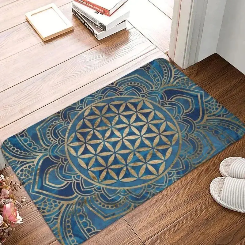 VIKAMA Sacred Geometry Doormat, Lotus Flower Mandala Anti Slip Absorbent Carpet for Bathroom & Entryway