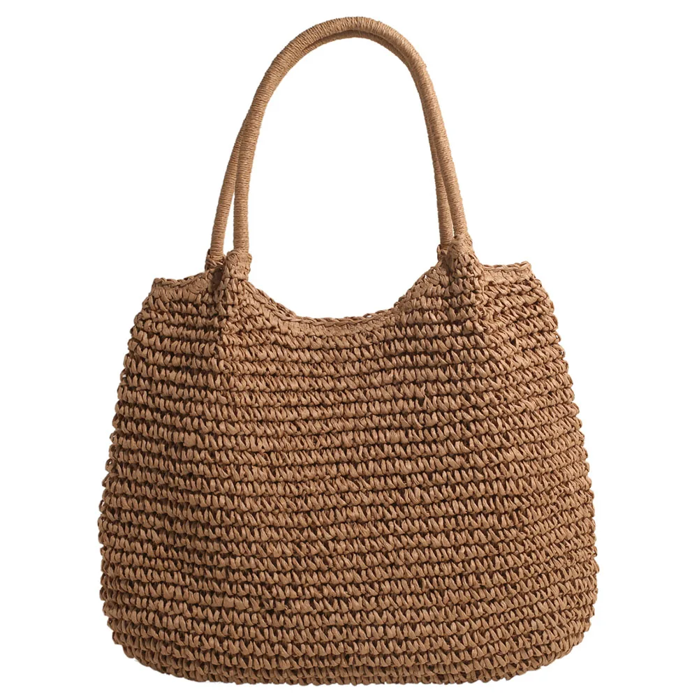 Women Straw Tote Handbag Large Capacity Retro Straw Handbag Solid Color Simple Weaving Handbag Ladies Summer Daily Bag
