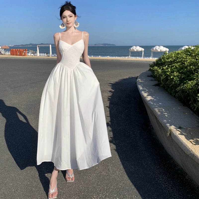 Seaside Vacation Skirt French White Lace Sling Dress Women's Summer Maillard High Waist Slimming Long