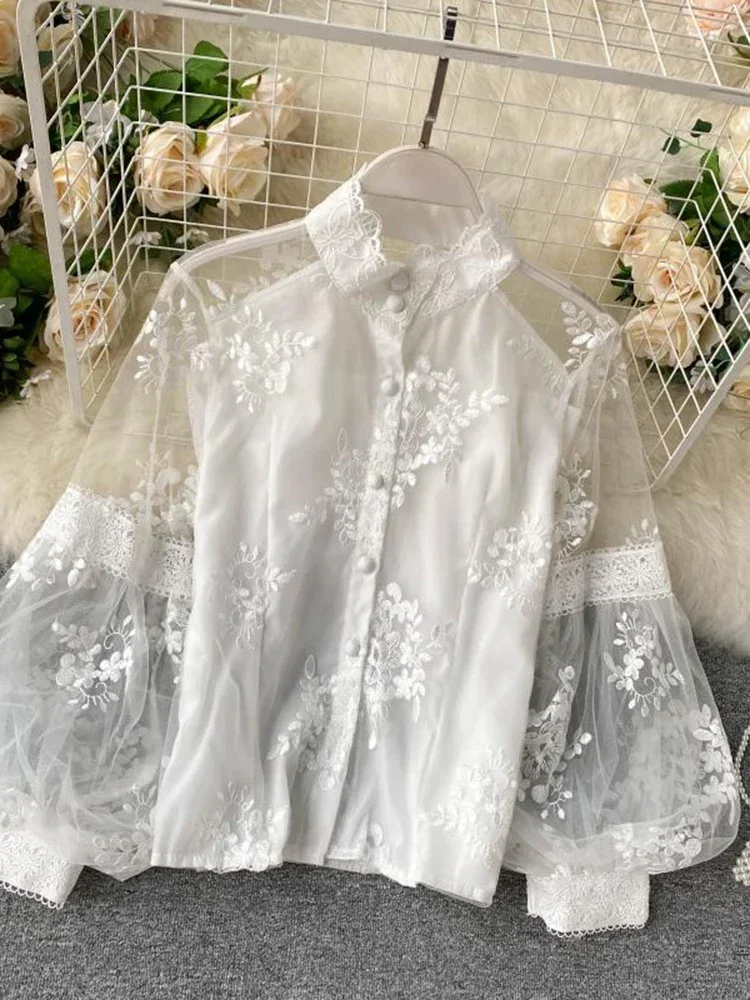 Women French Mesh Lace Blouse Stand Collar Three-dimensional Embroidered Puff Sleeves Court Style Slim Shirt Female Blusa PL610