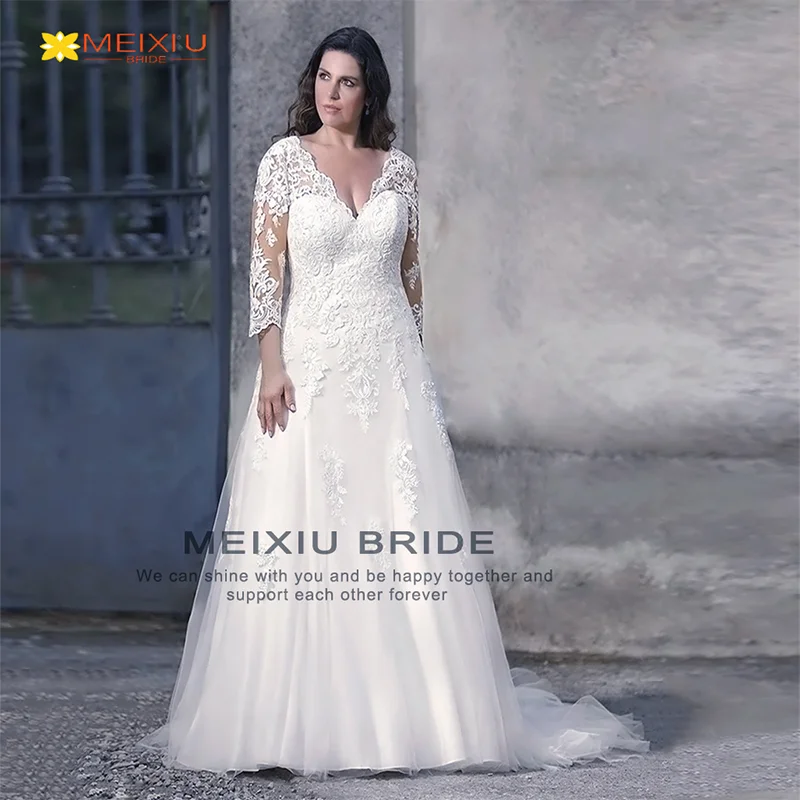 Nuova decalcomania manica lunga scollo a v abito da sposa Sexy Design floreale personalizzato trainato a-Line Line Plus Size abiti da sposa principessa