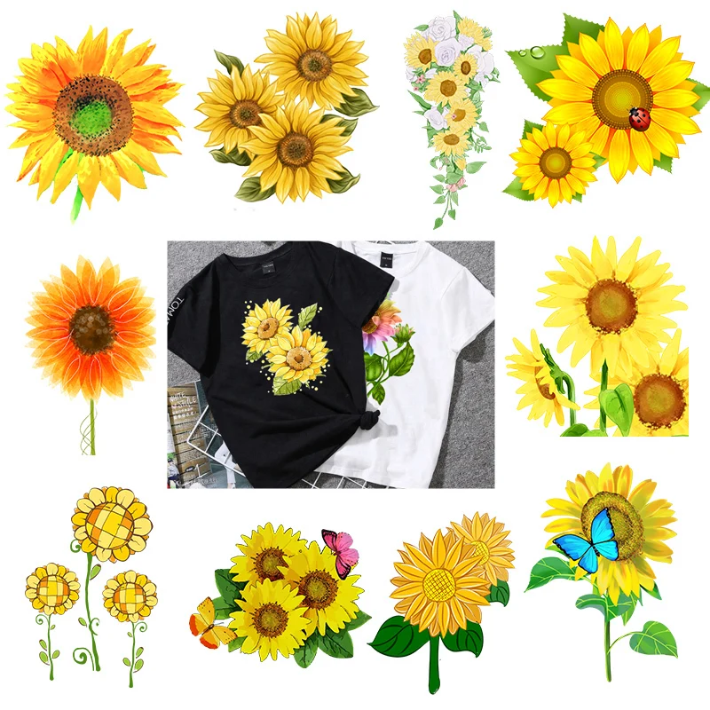 Sunflower Iron On Patches Sun Flower Heat Transfer Stickers Clothes Stripes Women Thermal Stickers T-Shirt Applique