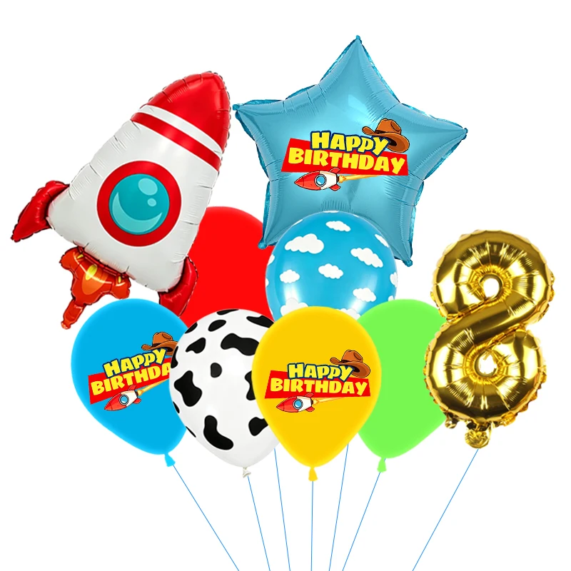 Rote, gelbe und grüne Spielzeugballons, hellblaue Ballons mit Wolken- und Kuhmuster für die Dekorationen zu Babystory- und Cowboy-Partys – Detail 36