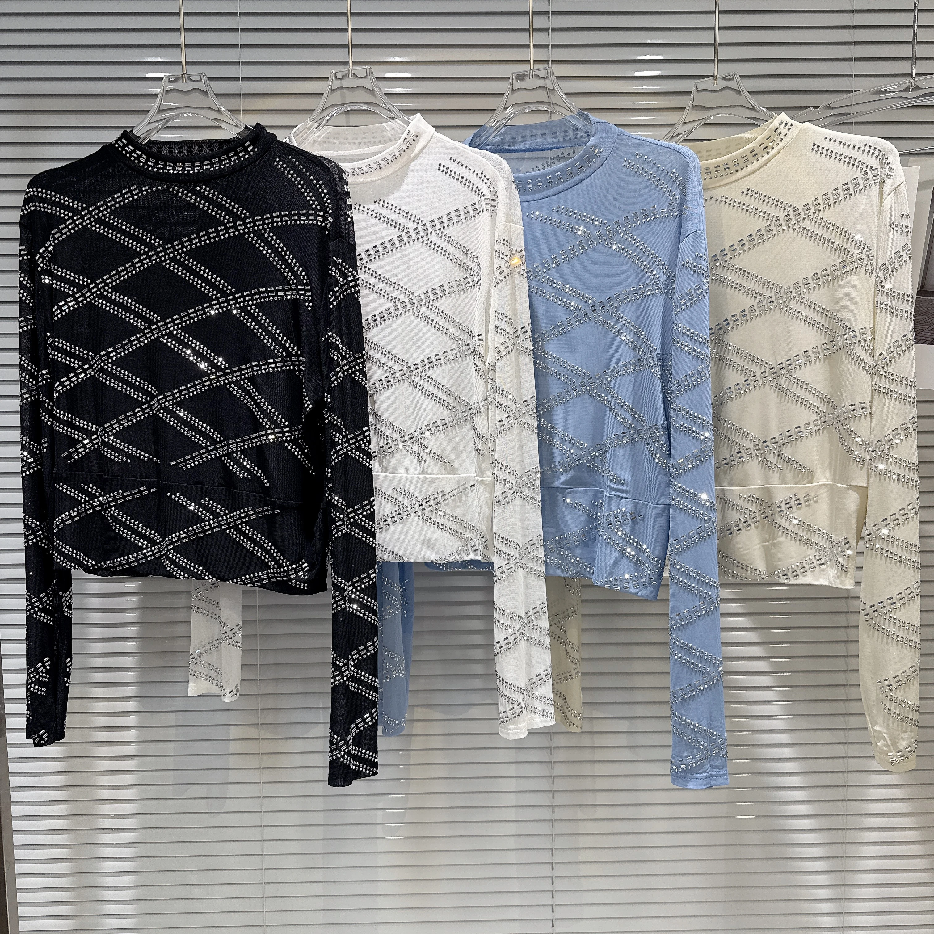 

Luxury Spring Autumn Hot Drilling Diamonds Beaded Mesh T-shirt Rhinestones Plaids Gauze Shirt Tees O-Neck Crystal Crop Tops 2025
