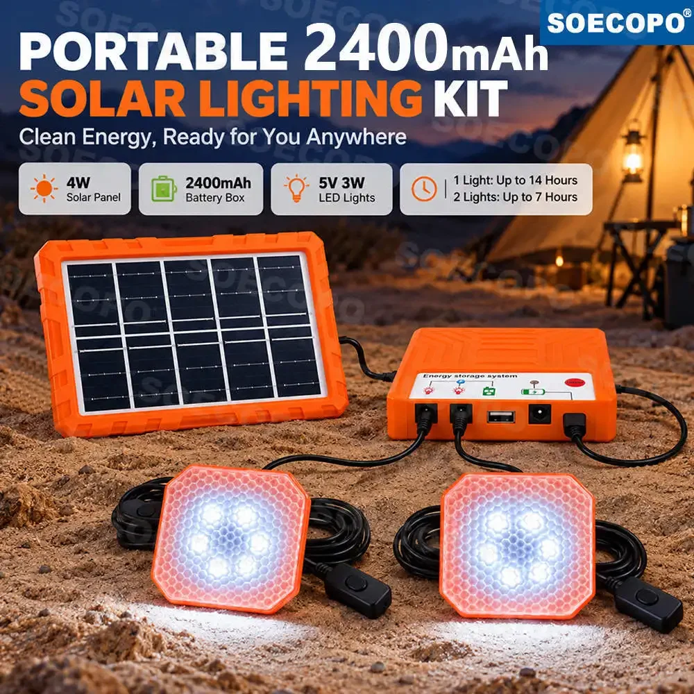 SOECOPO Camping Solar Light Kit 5V 4W Solar Panel Emergency Light Up Anywhere USB Charger 2x3W LED Lamps for Garden Outdoor Home