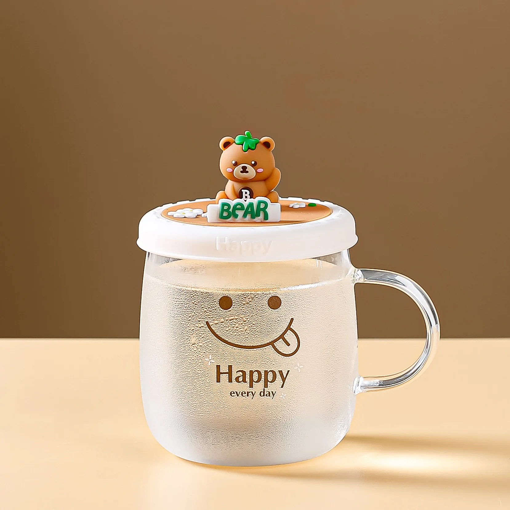 

Cute Smig Face With Silicone Cover Transparent Cup Teddy Bear Phone Holder Glass For Home Use Student Drinking
