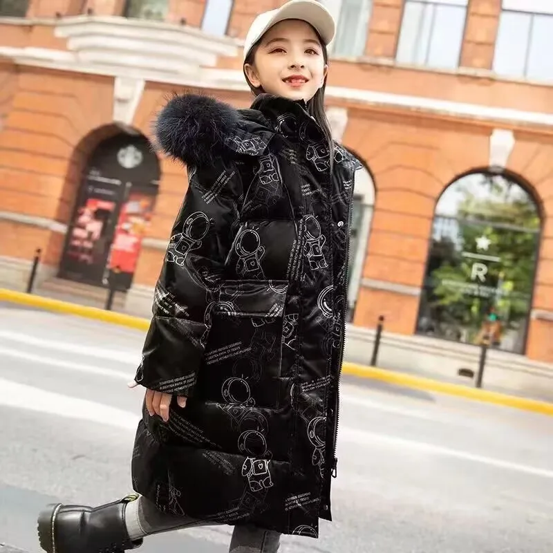 Winter Girl Jacket New Teenager Plus Velvet Thickening Hooded Cotton Coat Children Thicken Long Jackets 4-14Y