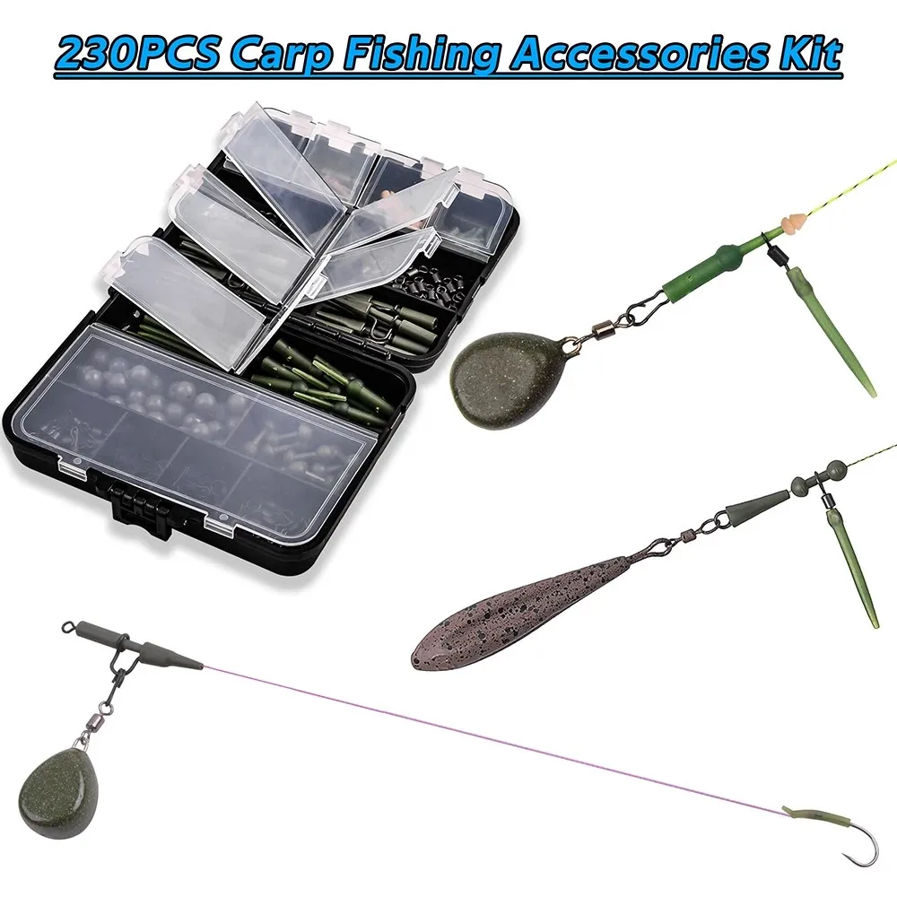 230Pcs Carp Fishing Tackle Kit Carp Fishing Rigs Carp Swivel Snaps Helicopter Rigs Leader Clips Rubber Sleeves Accessories