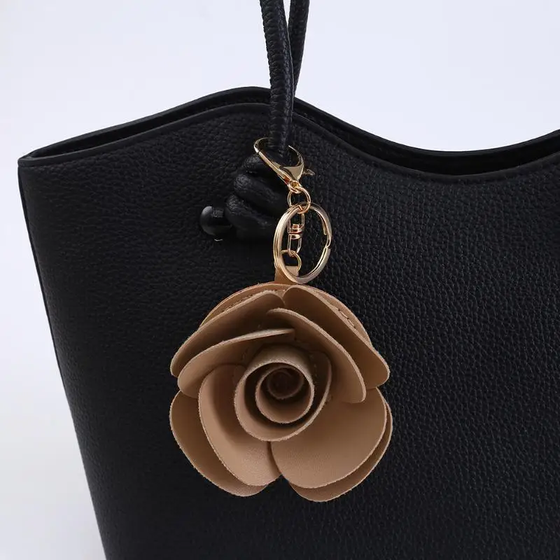 PU Camellia Flower Keychain Handmade 5 Color Options Scratch Resistant Bag Charm Cute Decor Practical Gift for Female Friends