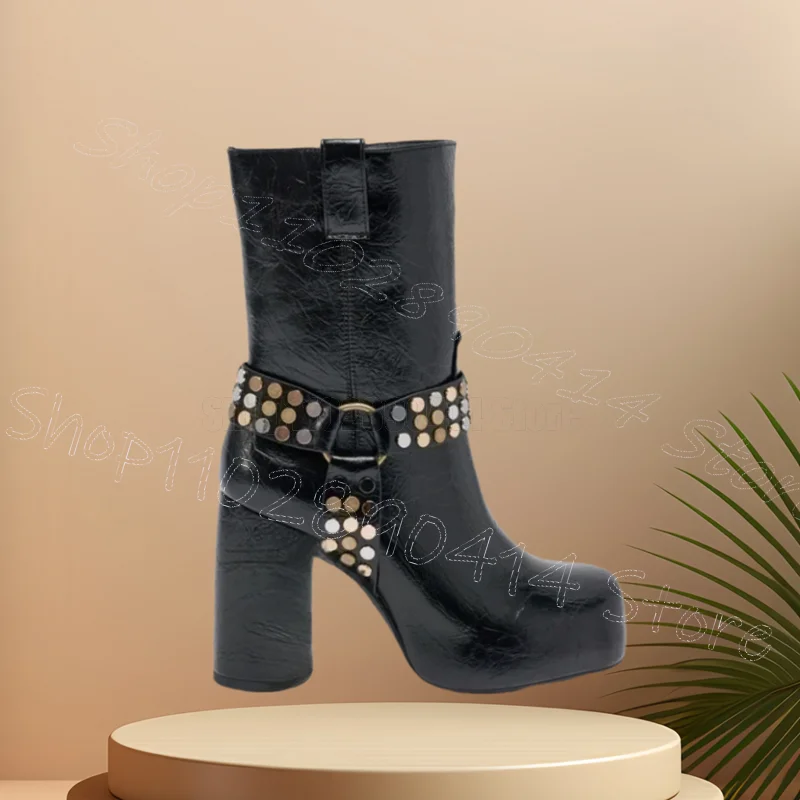 المسامير المعدنية حزام السحابة الأسود منتصف العجل الأحذية الجانب سستة النساء أحذية كعب عالي مكتنز حفلة يؤرخ 2025 Zapatos Para Mujere #2