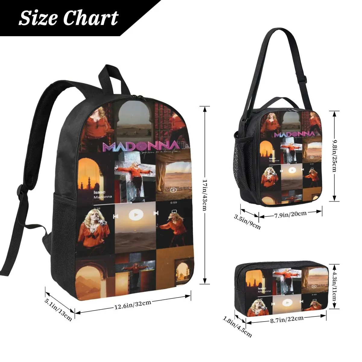 3Pcs Madonnas Confessions II 2026  Backpack Set for Children Pen Bags Bookbag Sets with Lunch Box For School Students Daypack