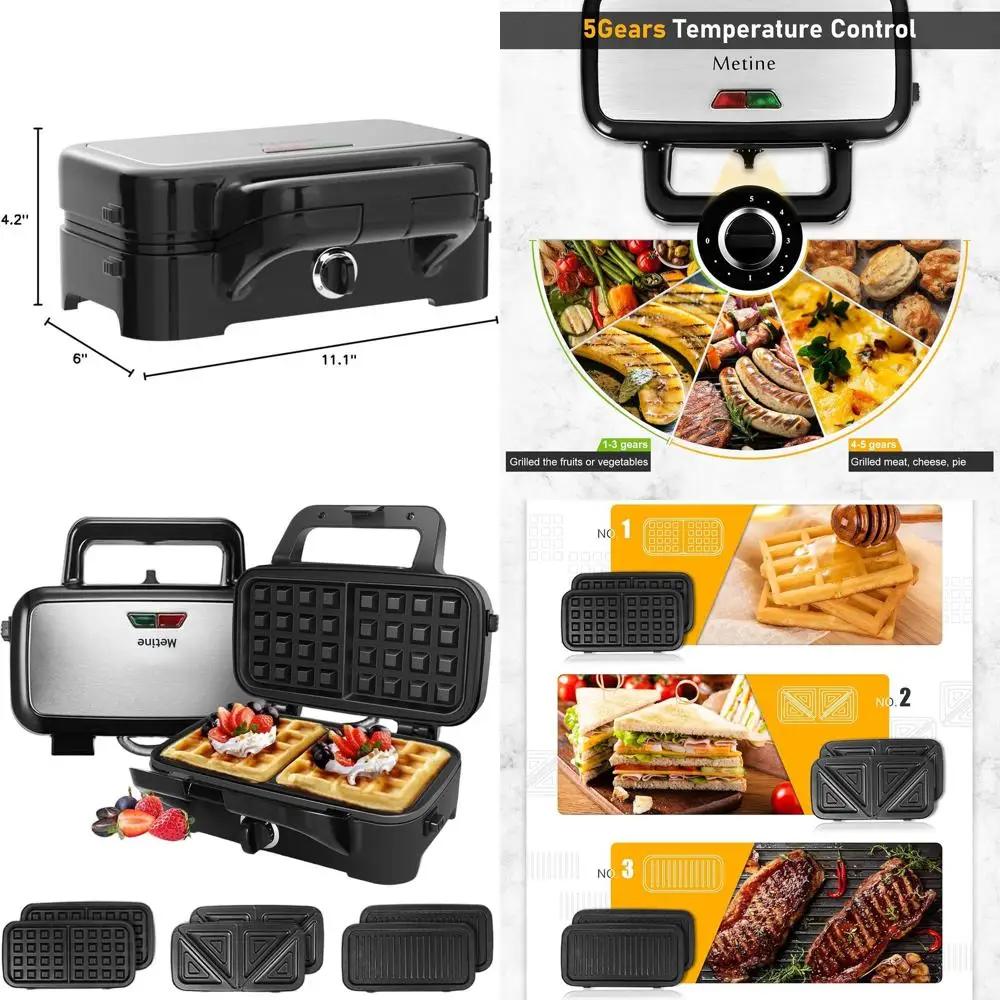 

Многофункциональная сэндвичница-вафельница 3-в-1 мощностью 1200 Вт со съемными антипригарными пластинами, 5-ступенчатым регулированием температуры, ручкой с функцией охлаждения для удобства использования
