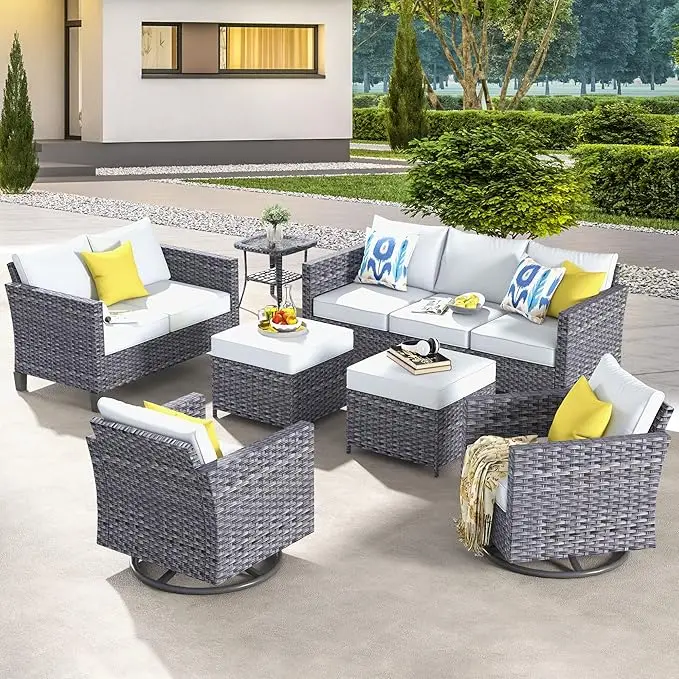 7 Piece Outdoor Wicker Sofa with Swivel Rocking Chairs, Loveseat and Comfy Cushions, High Back Rattan Couch Conversation Set