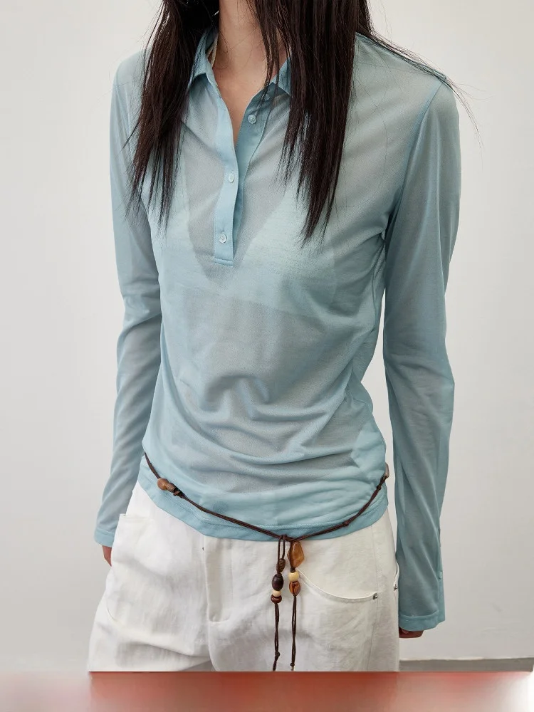 

Эластичная трикотажная футболка с длинным рукавом и воротником хенли, тонкая, летняя, новинка, женская, модная, для повседневной носки, из полиэстера