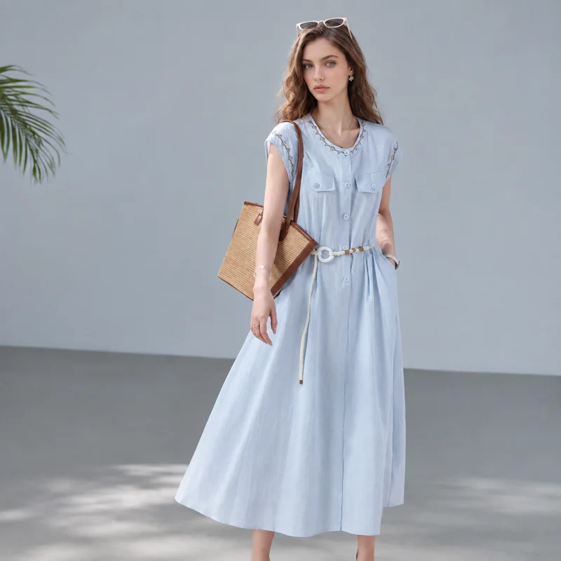 Women's Sleeveless Tencel Cotton Blend Midi Dress, Embroidered Collar Button Front A-Line Dress With Braided Belt & Pockets