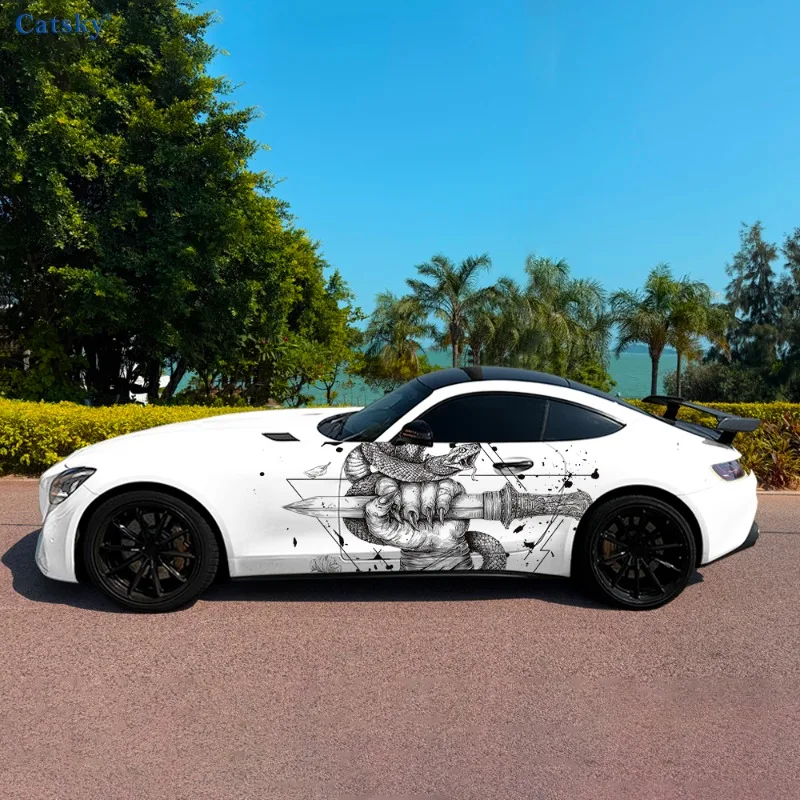 Snake-Wrapped Bandaged Hand Car Side Sticker Decor, PVC Waterproof Scratch Resistant Decal,Car Protection, Auto Accessories Gift