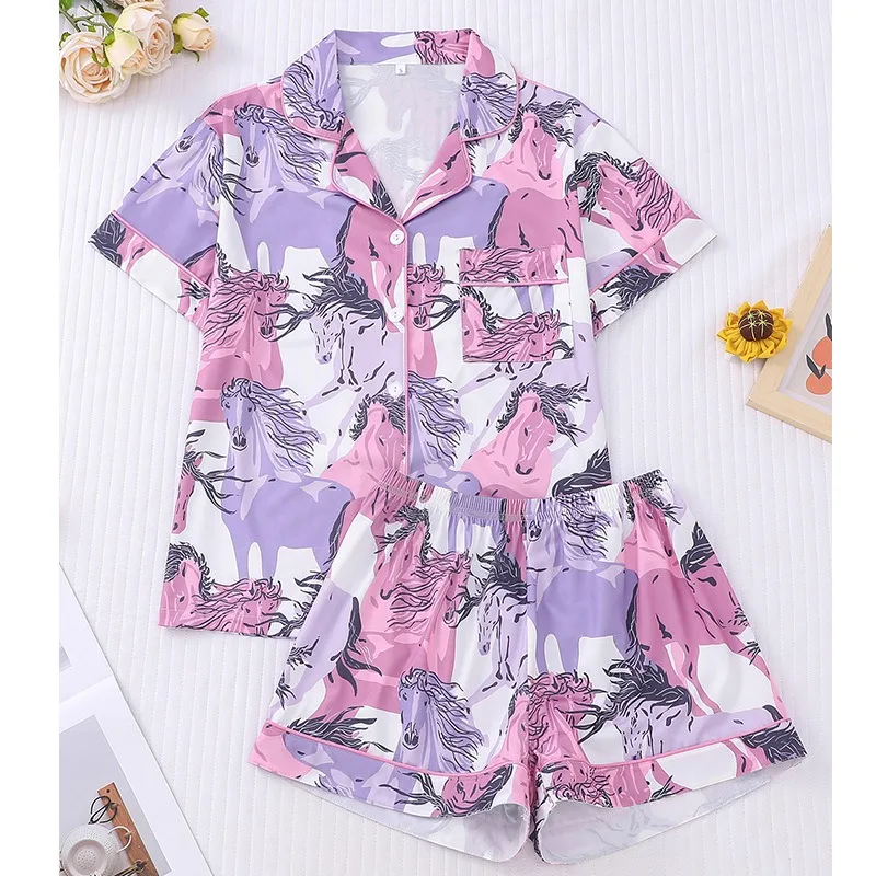 Women's Comfortable and Breathable Short-sleeved Shorts Black Cartoon Bear Spring Summer Loungewear Set Cross-border New Pajamas