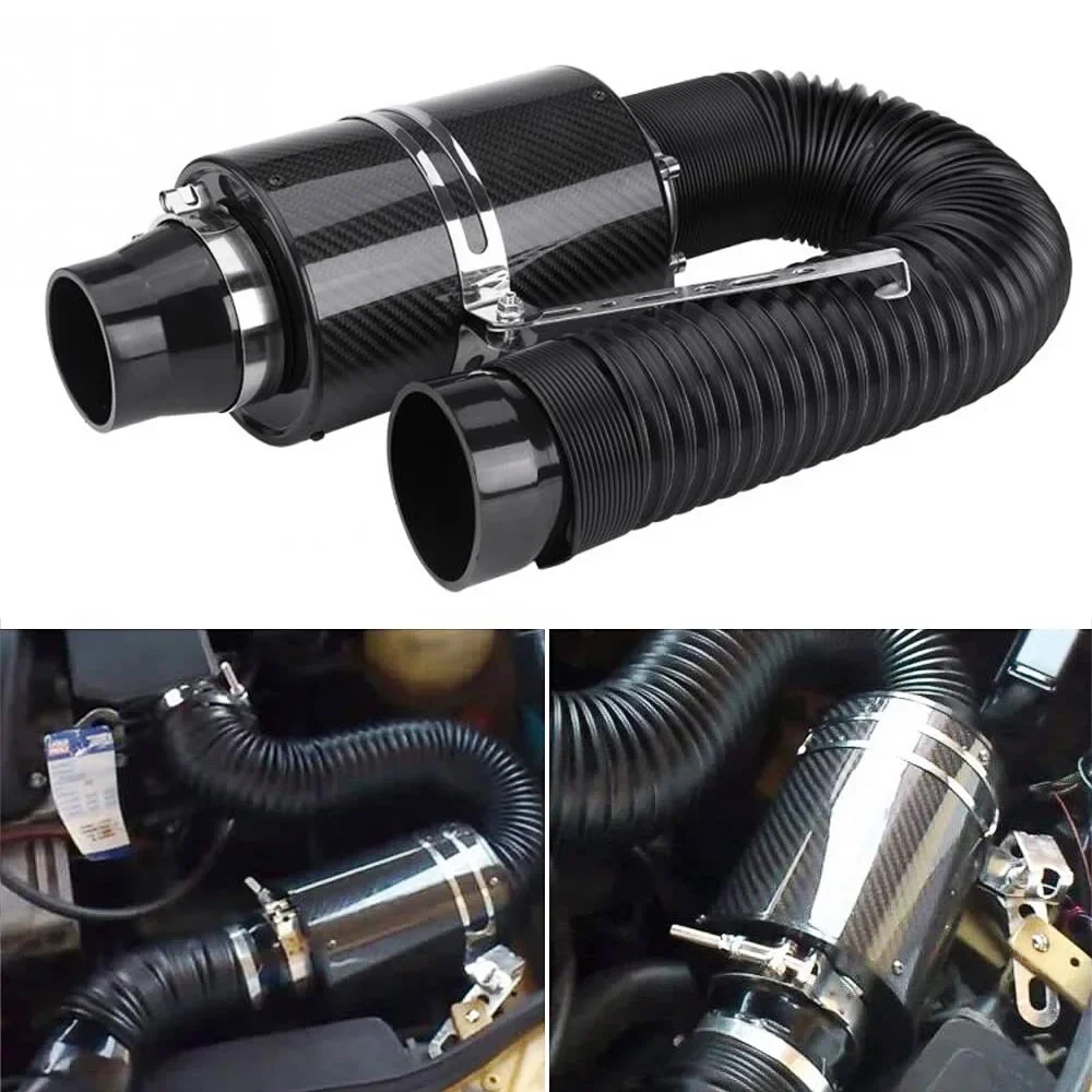 Universal Car Cold Air Intake Filter Kit 76mm Feed Enclosed Air Intake Induction Pipe Carbon Fibre Hose Kit Bellows Intake Hose