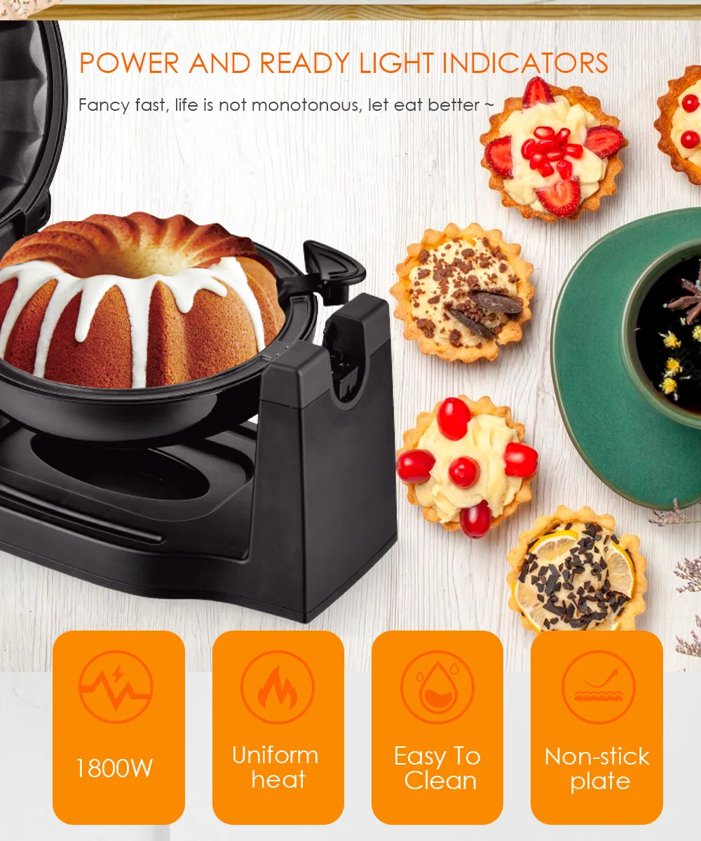  Flip Cake Maker Bread Maker Home Breakfast Toaster Rotary Sandwich Light Food Make 1800W Electric Rotating Lava Cake Maker
