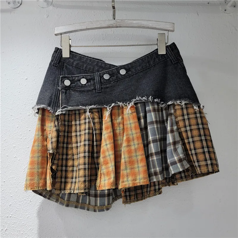 Donne Plaid Denim Patchwork Streetwear Irregolare A-line Minigonna 2025 Summer Street Femminile Classico Jeans Cargo Gonne