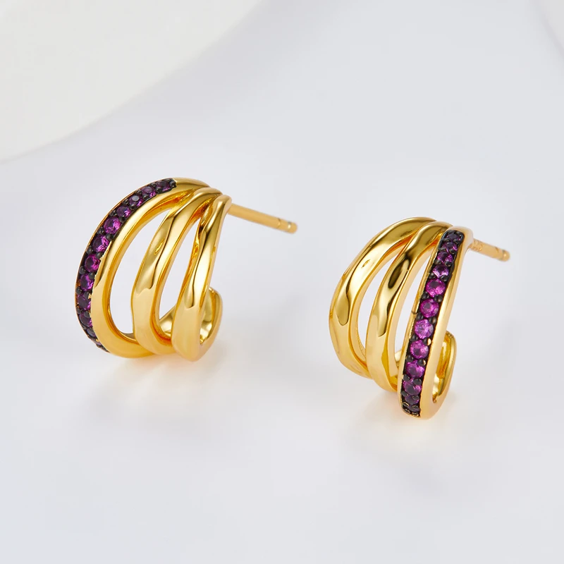 925 Sterling Silver 18K Gold Purple Ziron Small Earrings For Women Geometric Minimalism French Chic Earring 2024 New Party Gift