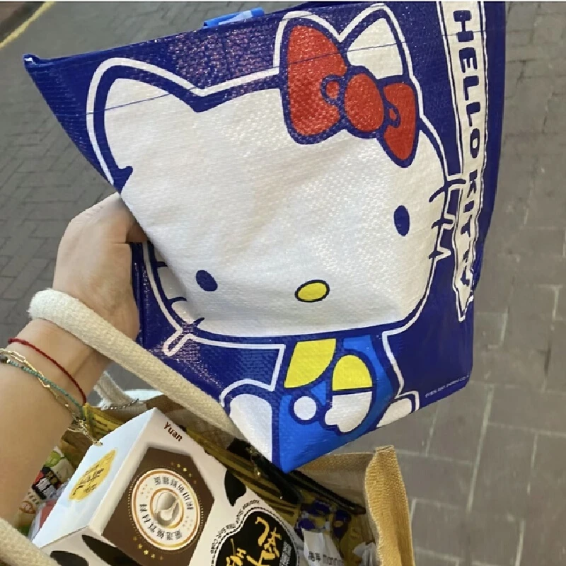 Sanrio Cute Cartoon Character Kitty Printed Klein Blue Duża pojemność na jedno ramię Ekologiczna ręczna tkana torba na zakupy