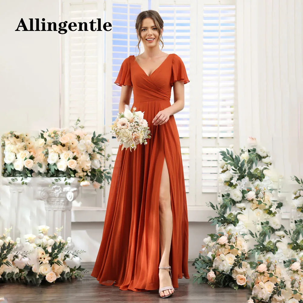 

Allingentle Chiffon V-Neck Bridesmaid Dresses Ruffle Short Sleeves Ruched A-Line Floor Length Side Slit with Pocket Formal Gowns