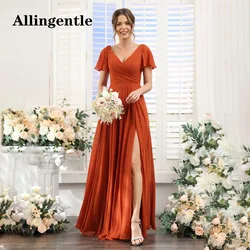 Allingentle Chiffon V-Neck Bridesmaid Dresses Ruffle Short Sleeves Ruched A-Line Floor Length Side Slit with Pocket Formal Gowns