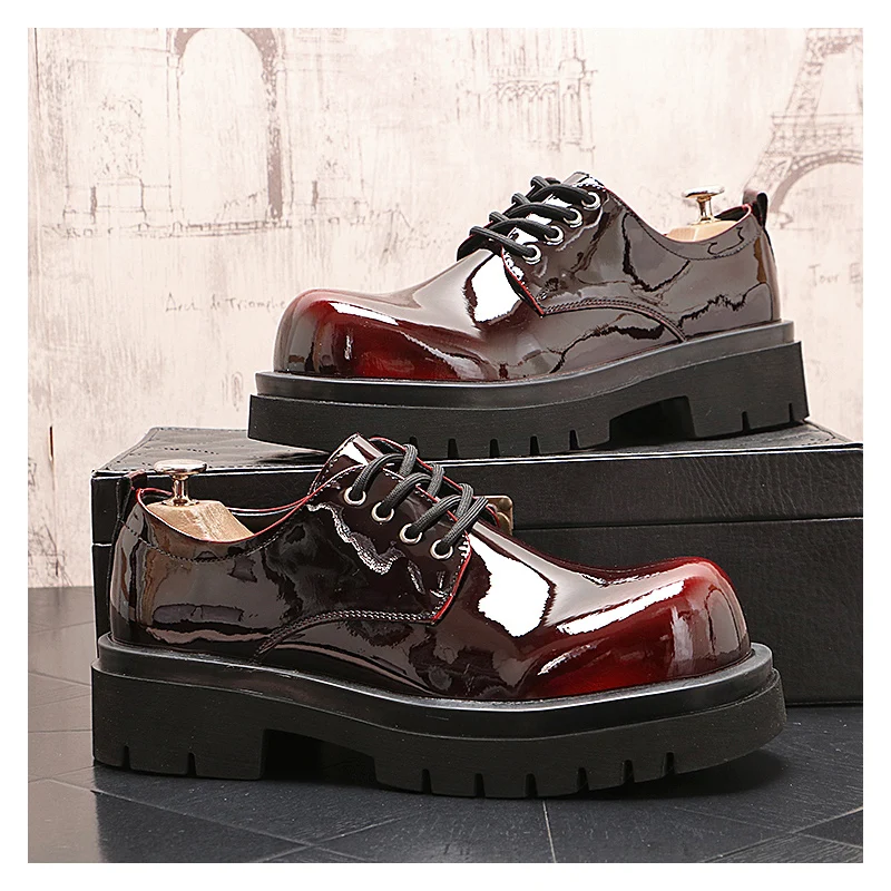 mens casual business wedding patent leather shoes lace-up platform oxfords shoe big toe black red sneakers gentleman footwear