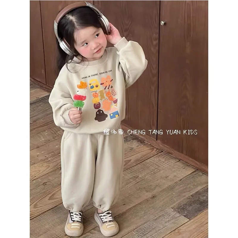 Baby Cute Sets Girls Sports Printing Sweater Sweatpants Suit Autumn New Children\'s Round Neck Casual Fashion Thin Two-Piece 2-8Y