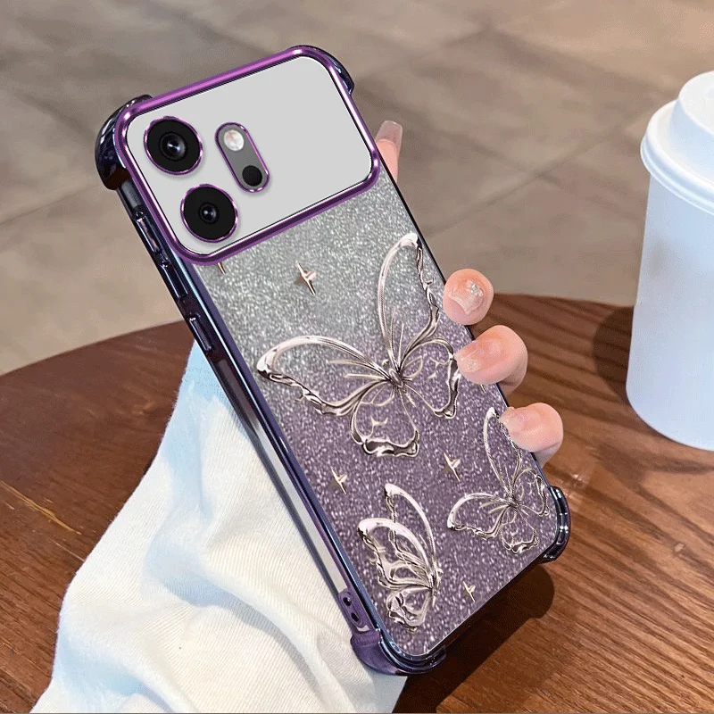 Glitter Plating Protective Cover For Motorola Moto G37 Power G47 G17 G67 G77 Case TPU Four-corner Shockproof Butterfly Pattern