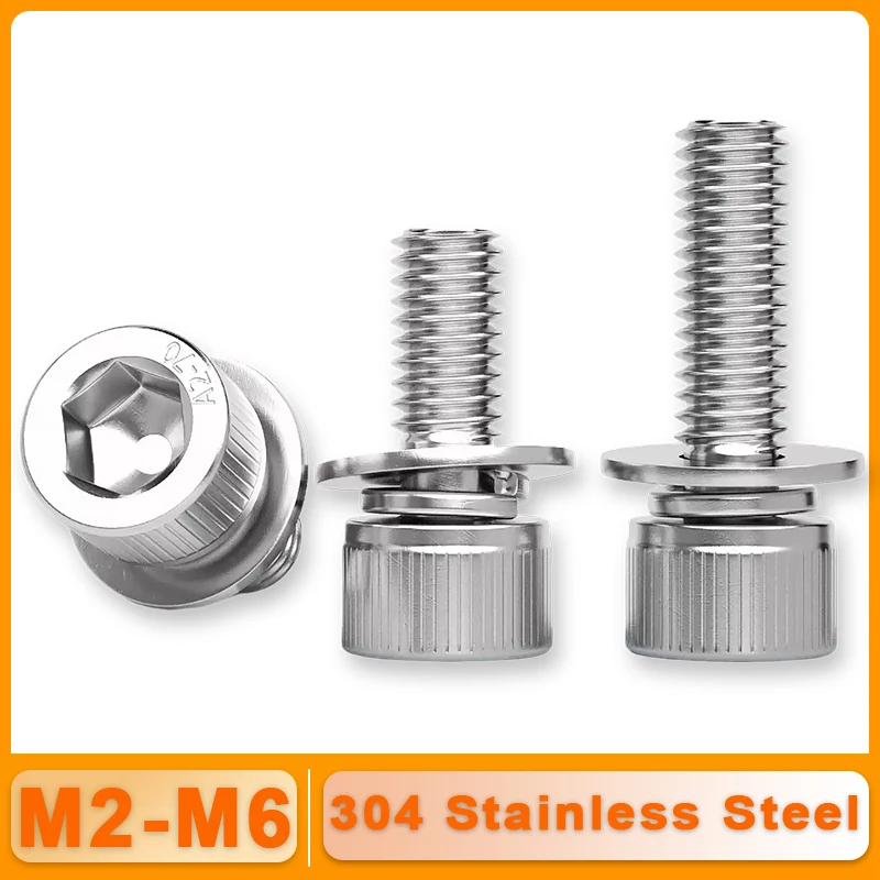 M2 M2.5 M3 M4 M5 M6 M8 M10 M12 304 Stainless Steel Hex Hexagon Socket Cap Head Washer Spring Gasket three Assemble Bolt