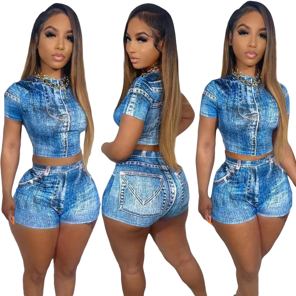 Denim Short Sets Women Clothing Streetwear Summer Casual Two Piece Outfit Skinny Ladies Jean Blue Print Top and Shorts Set