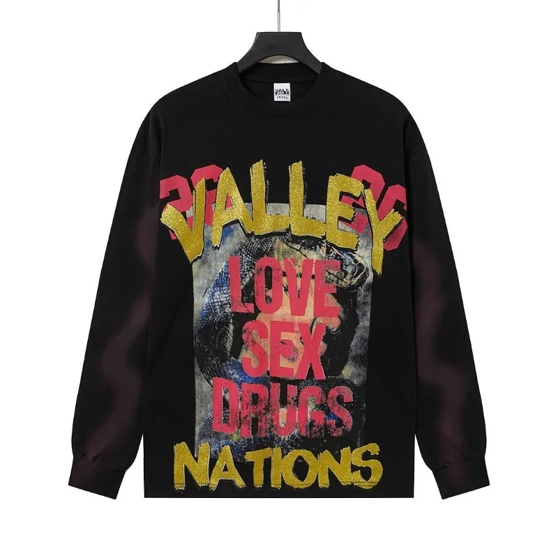 VALLEY Light Luxury 2026 Personalized Letter Logo Gold Foil INS High Street Niche Streetwear Long Sleeve T-Shirt Men