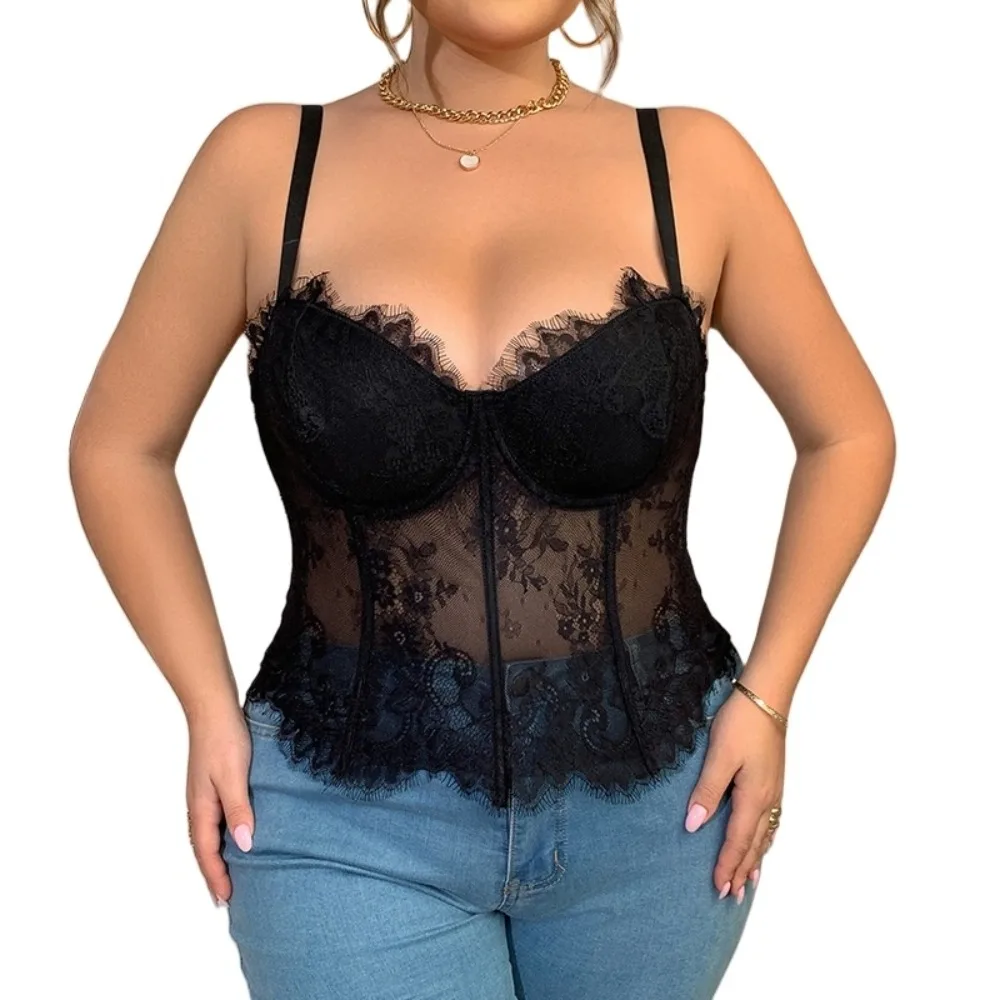 

Эластичная полая большая кружевная майка 1XL-4XL, прозрачные кружевные укороченные топы, облегающие майки, кружевной корсет большого размера для путешествий