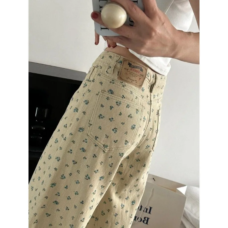 Retro Floral Straight Jeans Women's New American Style High Waist Slim Loose Wide Leg Pants