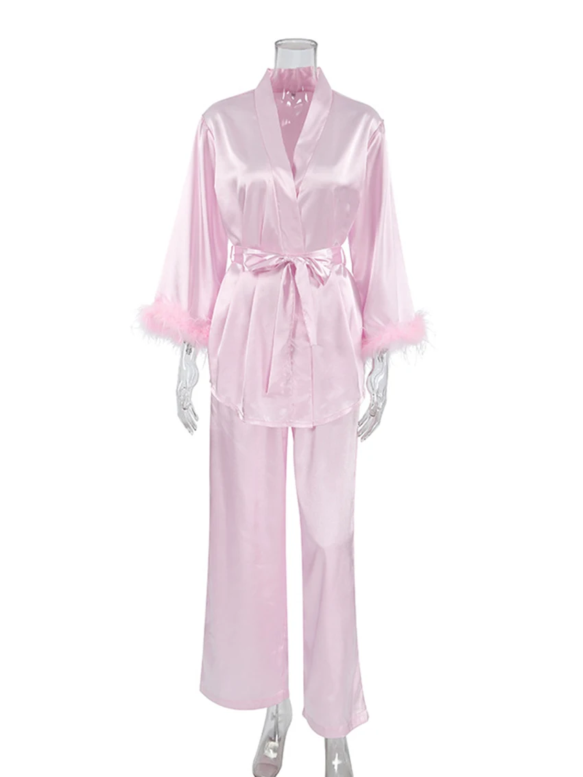 Marthaqiqi Feathers Women Nightwear Set V-Neck Sleepwear Long Sleeve Pajamas Lace Up Nightie Pants Pink Fashion Nightgowns Suits