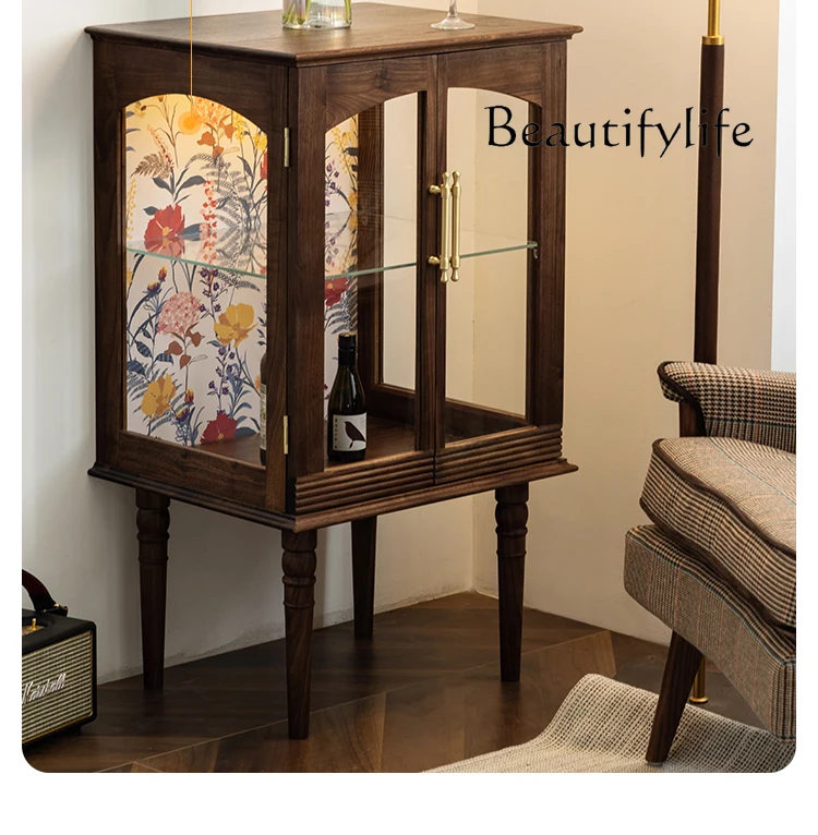 

Retro glass display cabinet living room black walnut solid wood storage designer style high-end creative