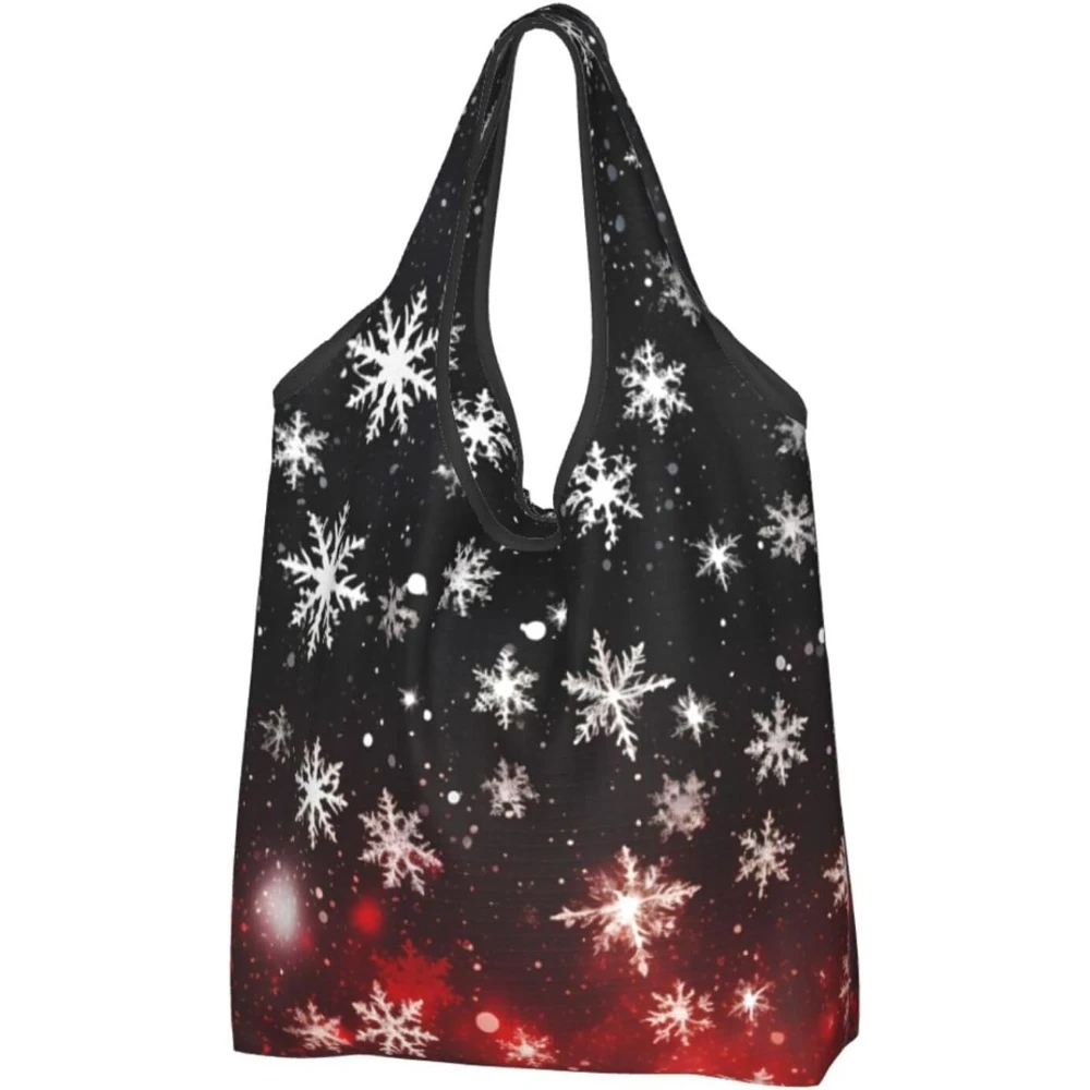 Red and Black Reusable Shopping Bags Christmas Snowflake Winter Pattern Grocery Bag Foldable Lightweight Beach Bag
