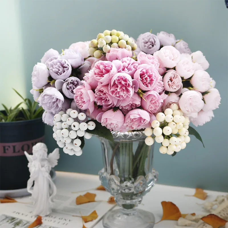 Rose rosa Pfingstrose künstliche Blumen Seidenstrauß 27 Köpfe Rosen gefälschte Blume für Tischvase arrangieren Zuhause Hochzeitsdekoration Blumen – Detail 2