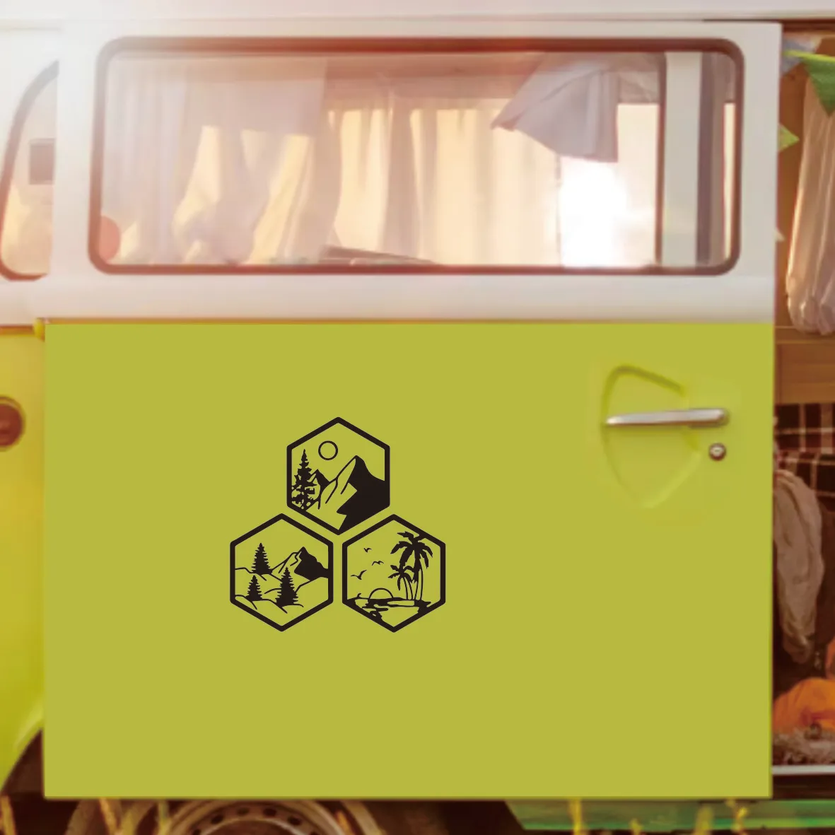 Adesivos de carro de viagem de montanha e sol especialmente projetados: decoração de vinil para campistas, autocaravanas e interiores de van