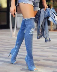 Stivali da donna di moda calda tacchi alti primavera autunno Peep Toe stivali sopra il ginocchio stivali stretti di Jeans a spillo alti stivali da Cowboy da donna