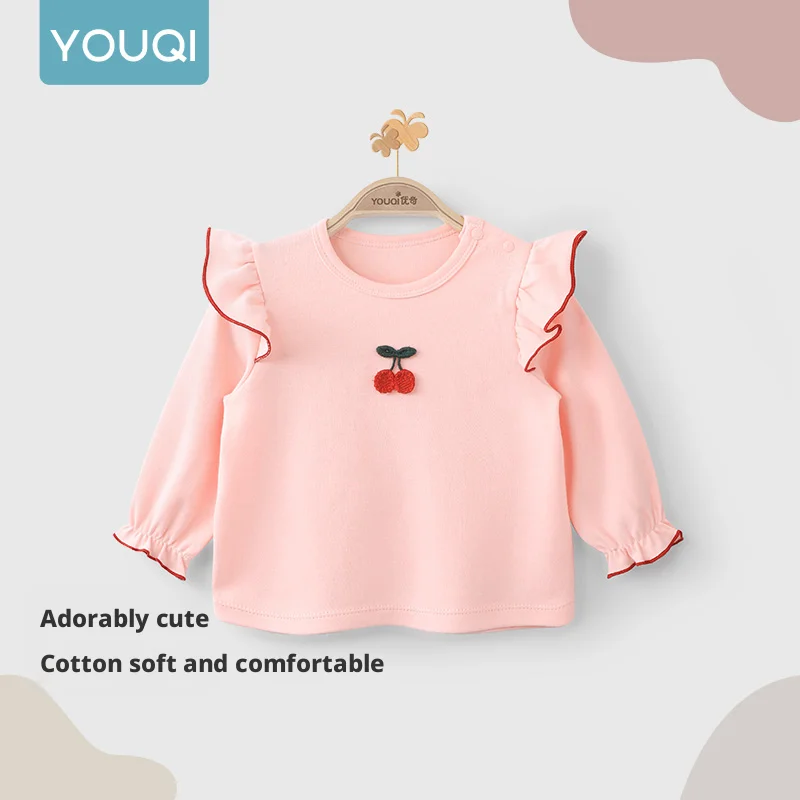 

【Youqi】Chinese Baby Tops for Girls Aged 0-2 Years, Pure Cotton T-Shirts, Stylish Inner Wear for Young Infants