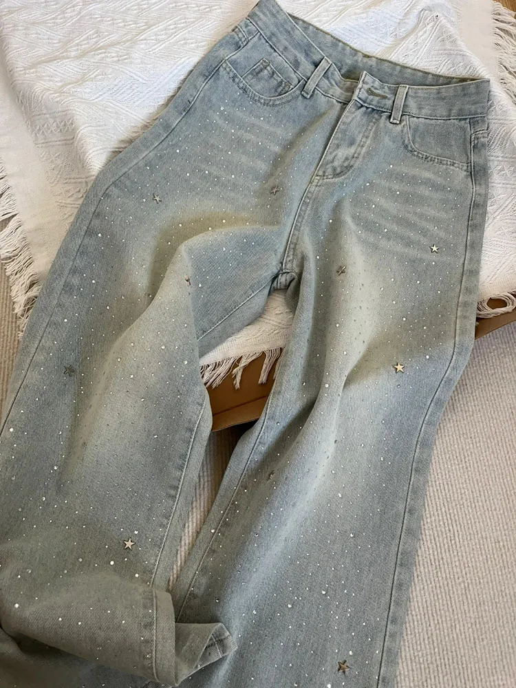 Light Blue Rhinestone Jeans 2025 New Women's High Waisted Wide Leg Pants Vintage Casual Shiny Straight Leg Denim Trousers
