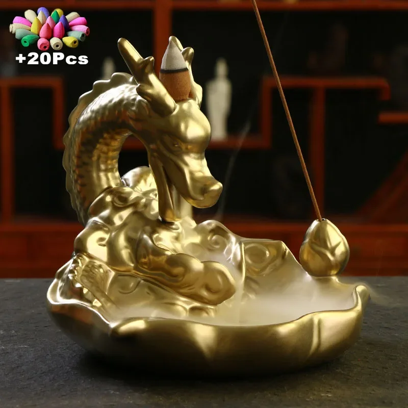 

With Incense Cones Gold Dragon Stick Holder Backflow Ceramic Censer Ashtray Chinese Gift