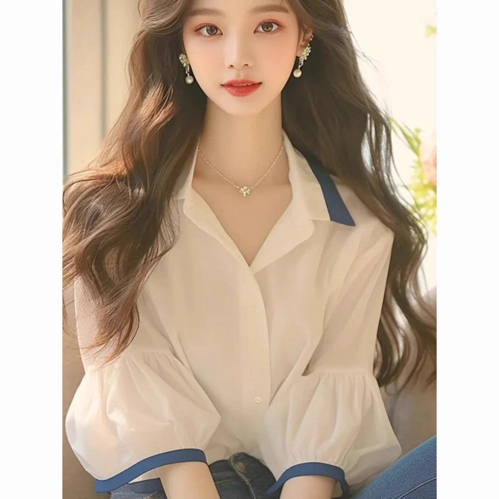 

Short Sleeve Shirts Womens Jacquard Balloon Sleeve Pintuck Cropped Blouse Campus Preppy Artistic Girlish Youthful Student Daily