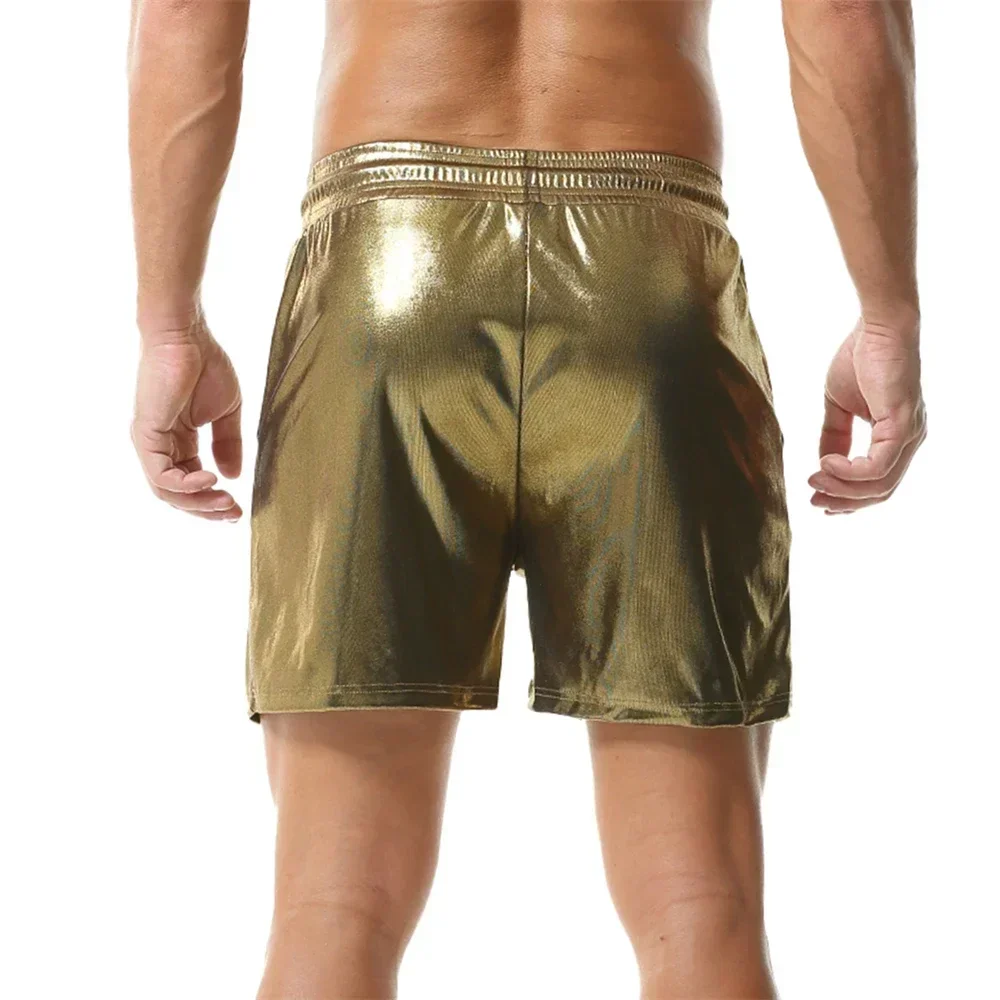 

Мужские повседневные свободные короткие брюки с карманами на шнурке, эластичные блестящие шорты для фитнеса и бега, костюмы для ночного клуба, сценических танцевальных вечеринок